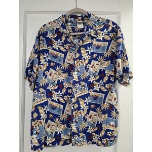 Disney Shirt Mens Medium Hawaiian Mickey Mouse Floral Rayon Button Up Vintage